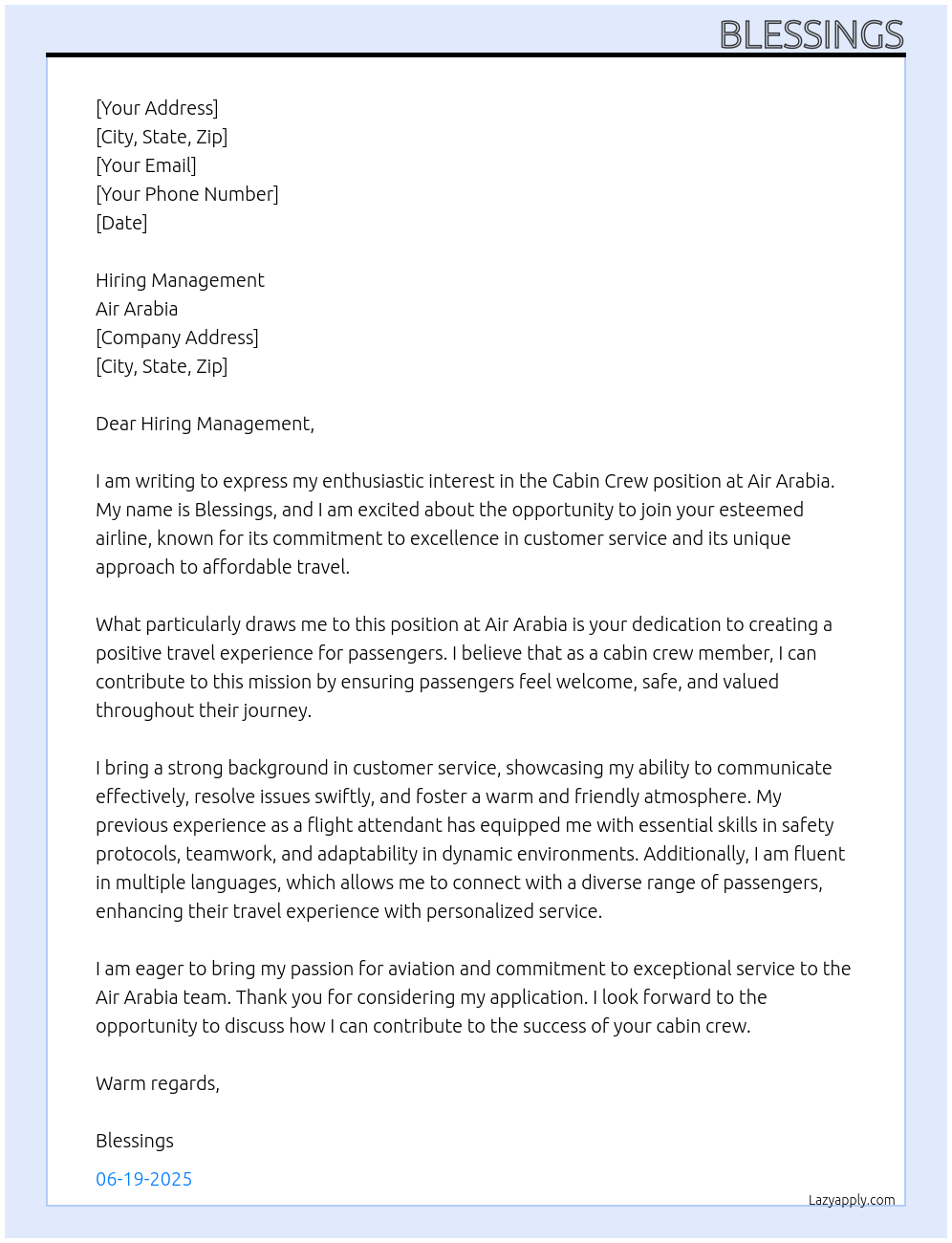 Cabin crew At Air aribia Cover Letter