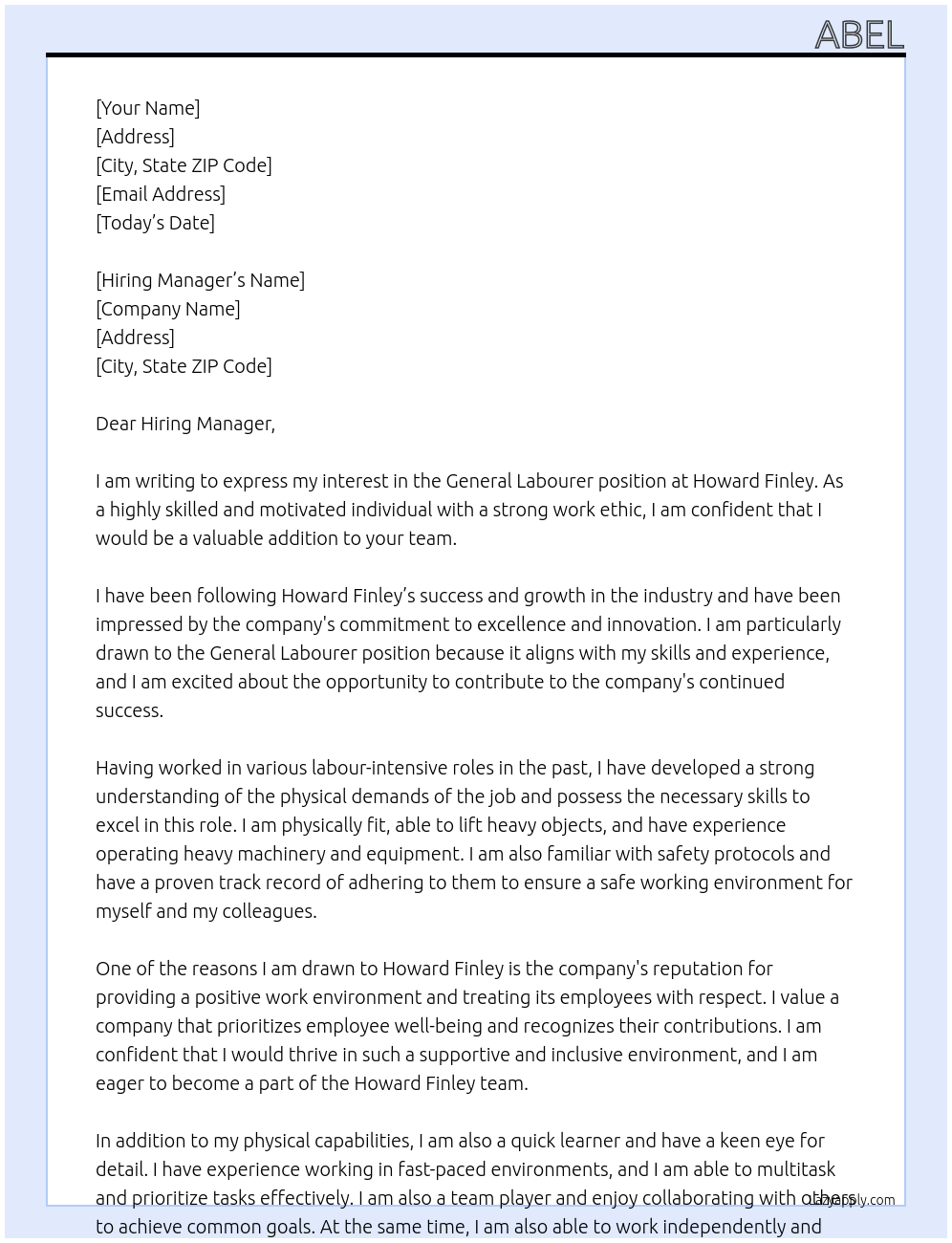 General Labourer At Howard Finley Cover Letter