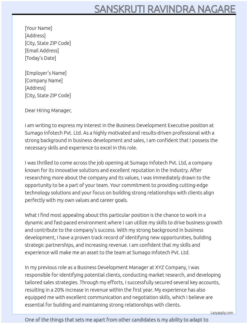 Cover letter for bussiness development executive - LazyApply