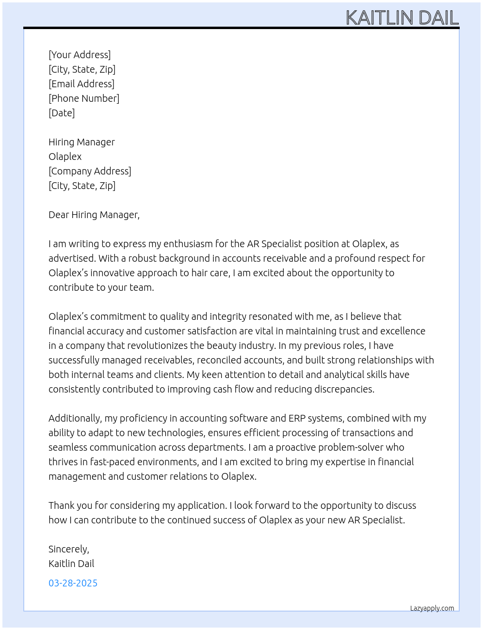 AR Specialist At Olaplex Cover Letter