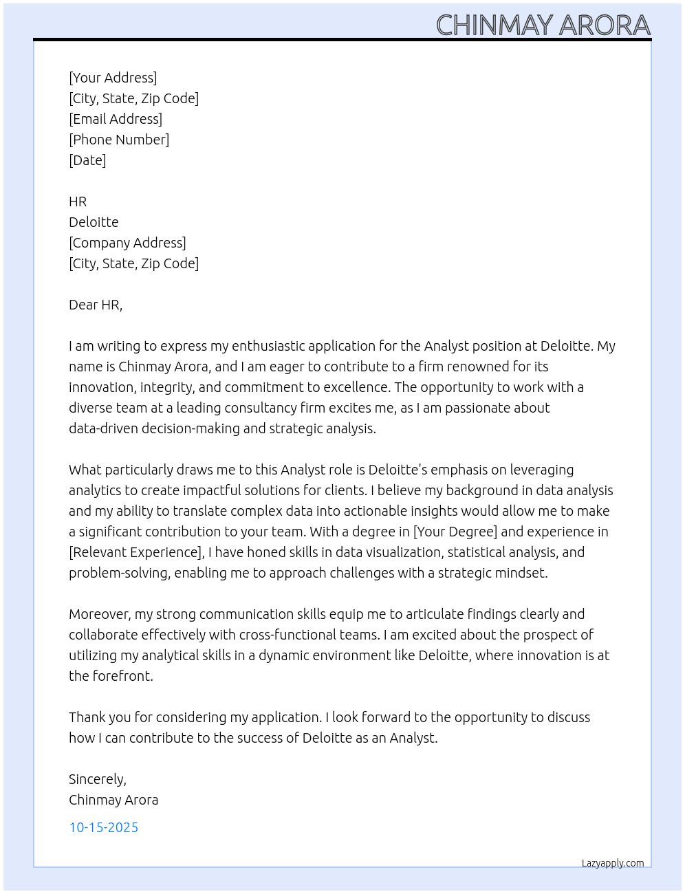 Analyst At Deloitte Cover Letter