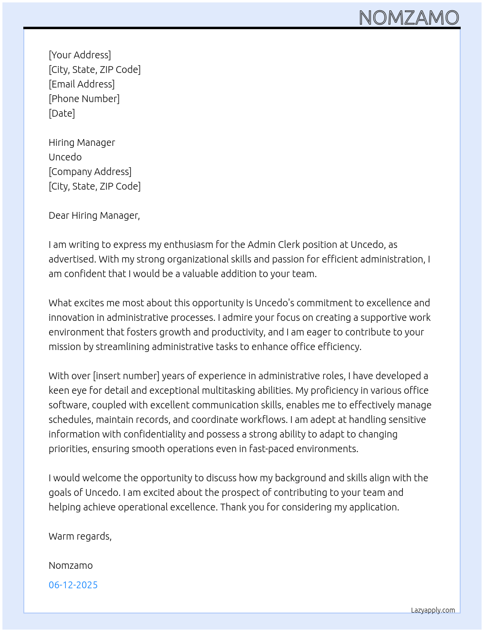 Admin clerk At Uncedo Cover Letter