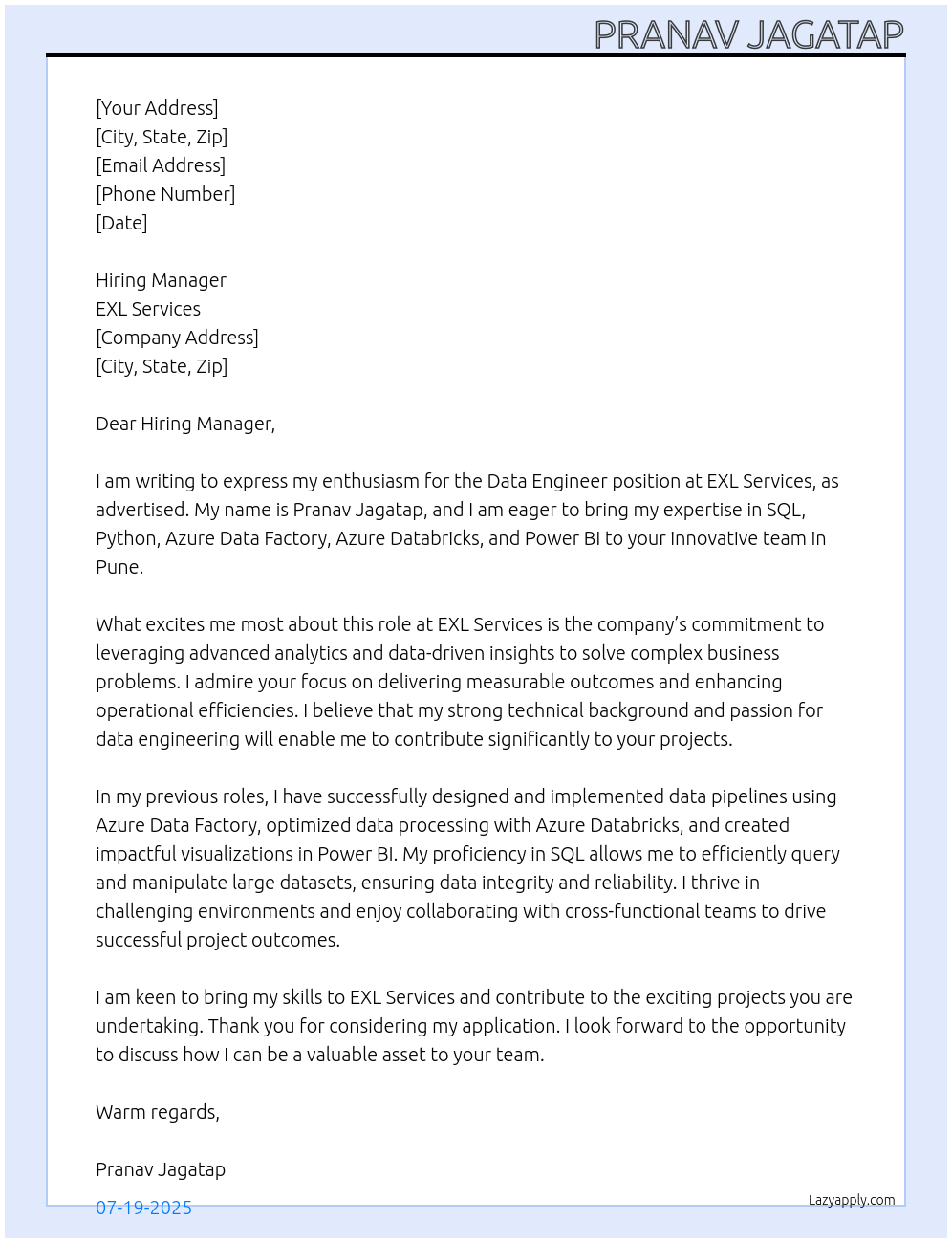 Data Engineer At EXL Services Cover Letter