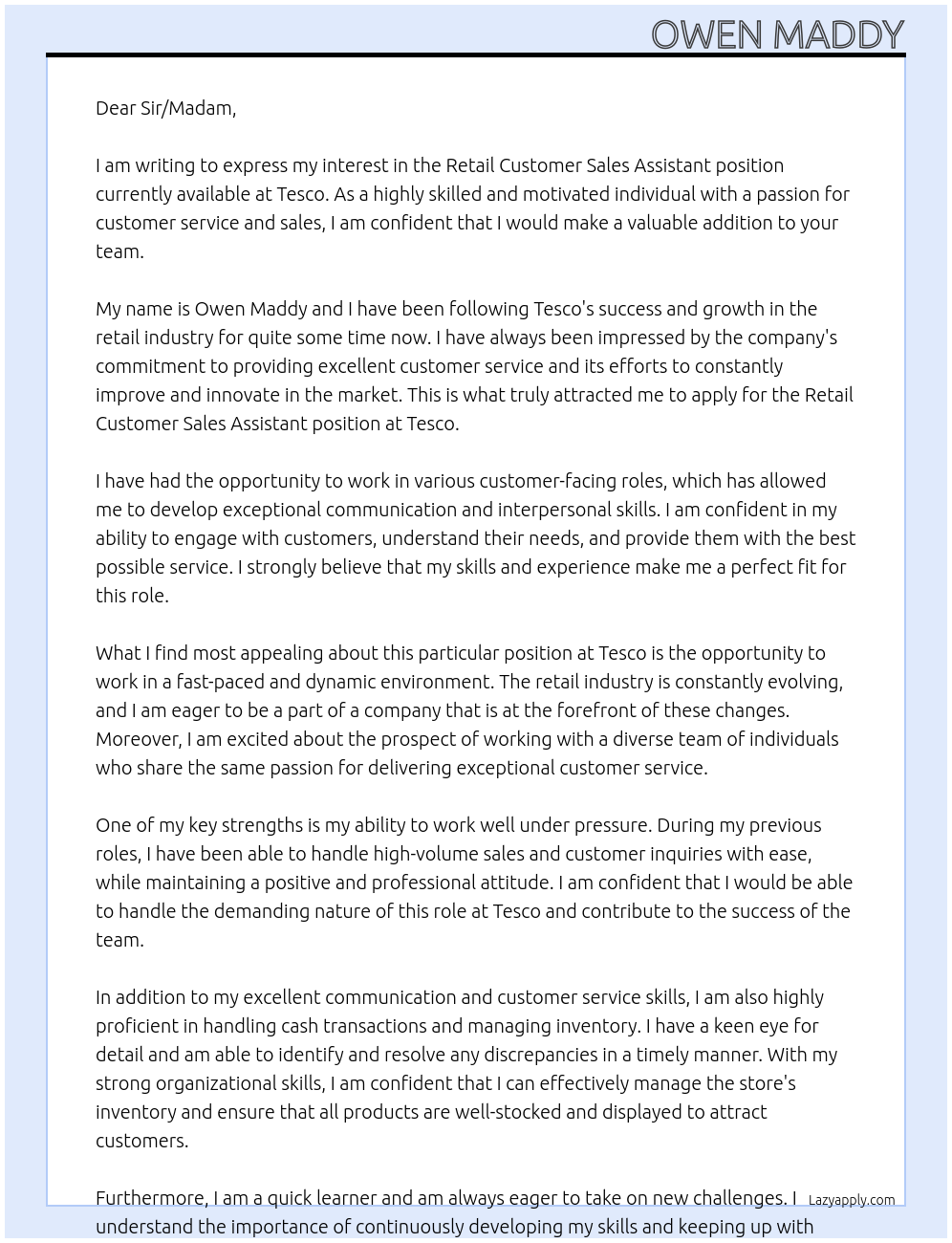 Cover letter for retail customer sales assistant - LazyApply