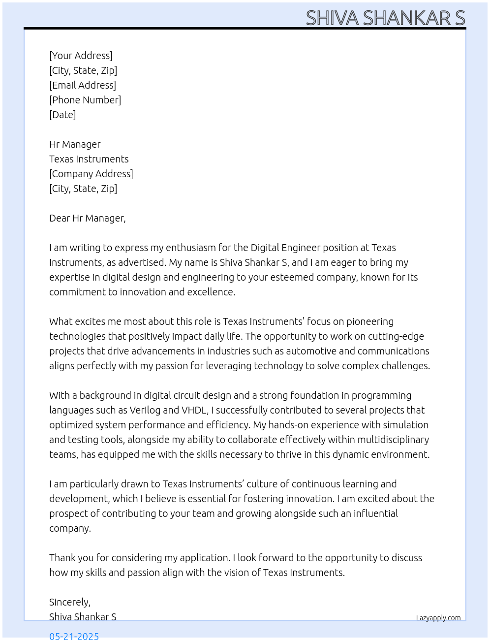 Digital Engineer At Texas Instruments Cover Letter