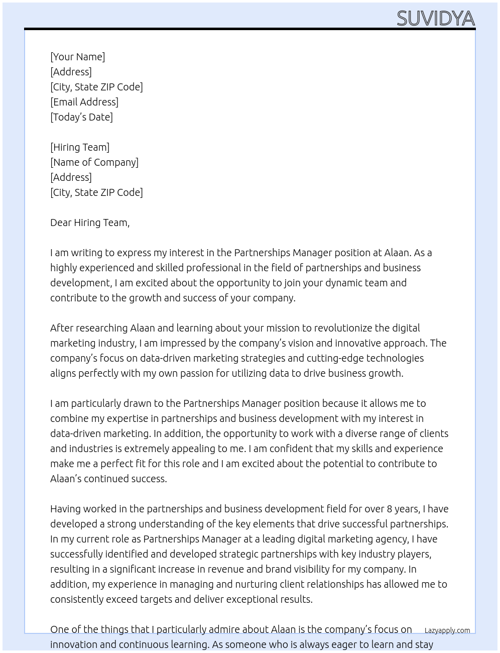 Partnerships Manager At Alaan Cover Letter