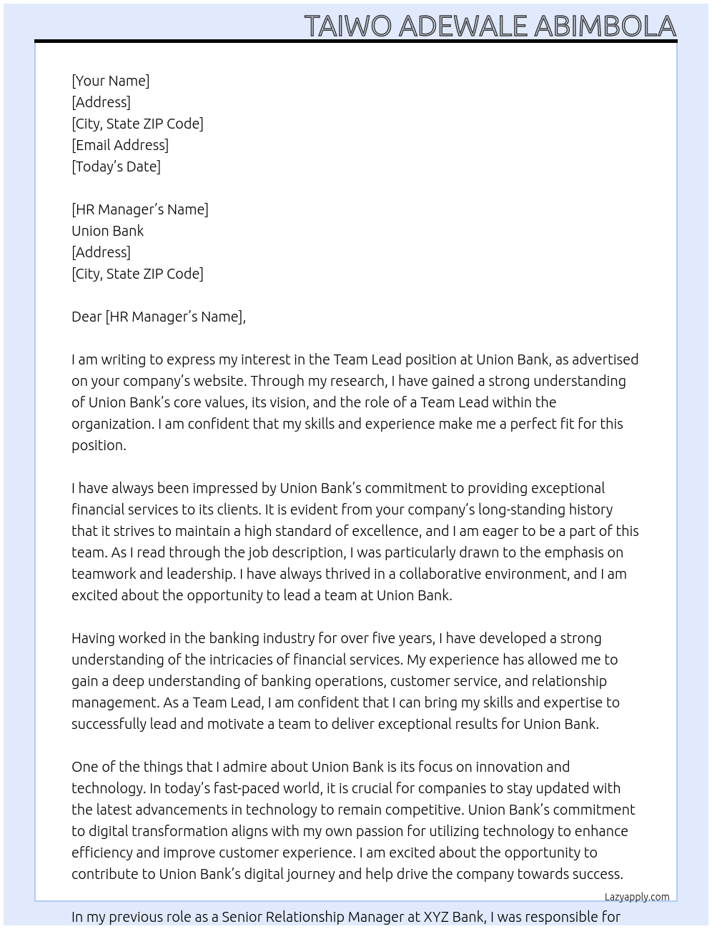 Team lead At Union bank Cover Letter