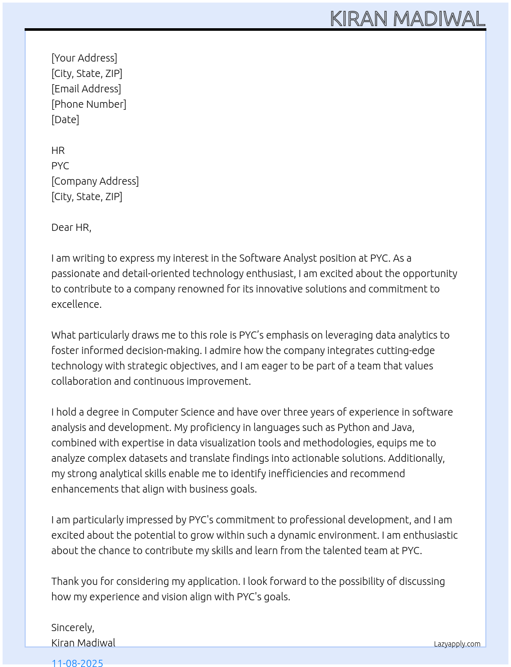 Cover letter for software analyst - LazyApply