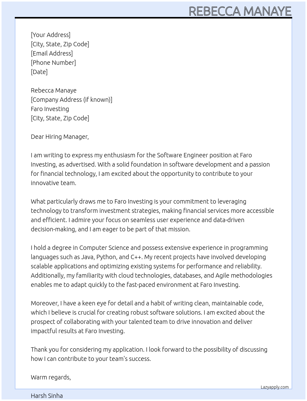 Software engineer At Faro Investing Cover Letter