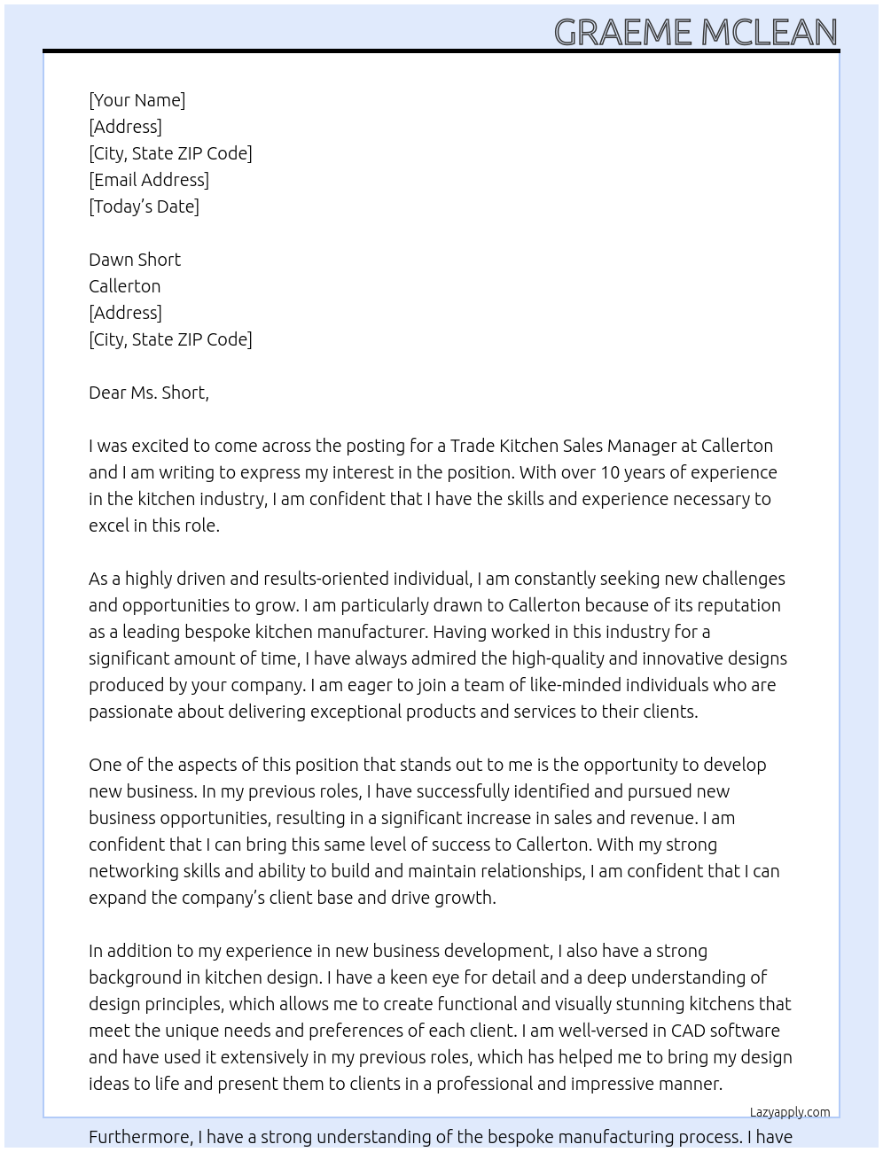 Trade kitchen Sales Manager  At Callerton  Cover Letter