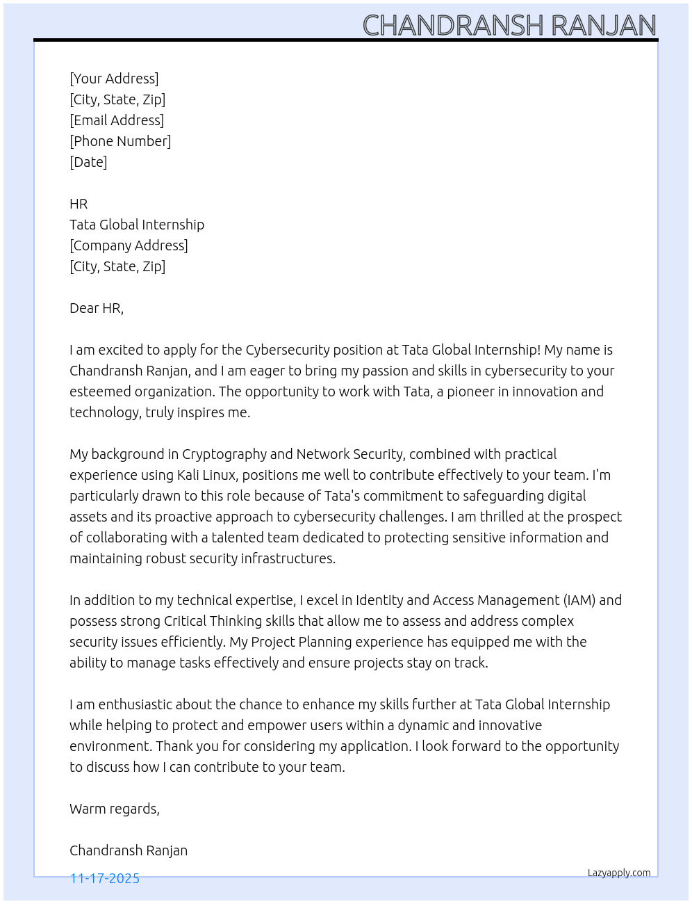 Cover letter for cybersecurity - LazyApply