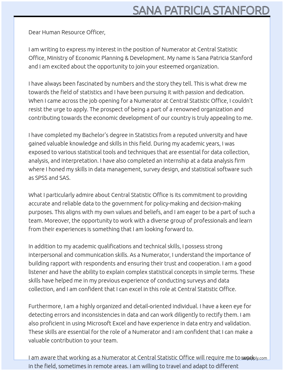 Numerator At Central Statistic Office, Ministry of Economic Planning & Development, P.O. Box 602 Mbabane H100 Cover Letter