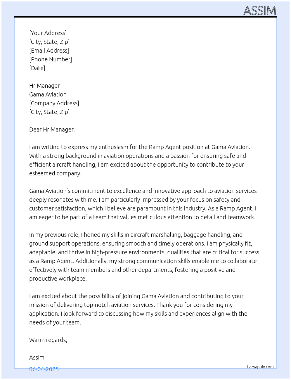 Cover letter for ramp agent - LazyApply