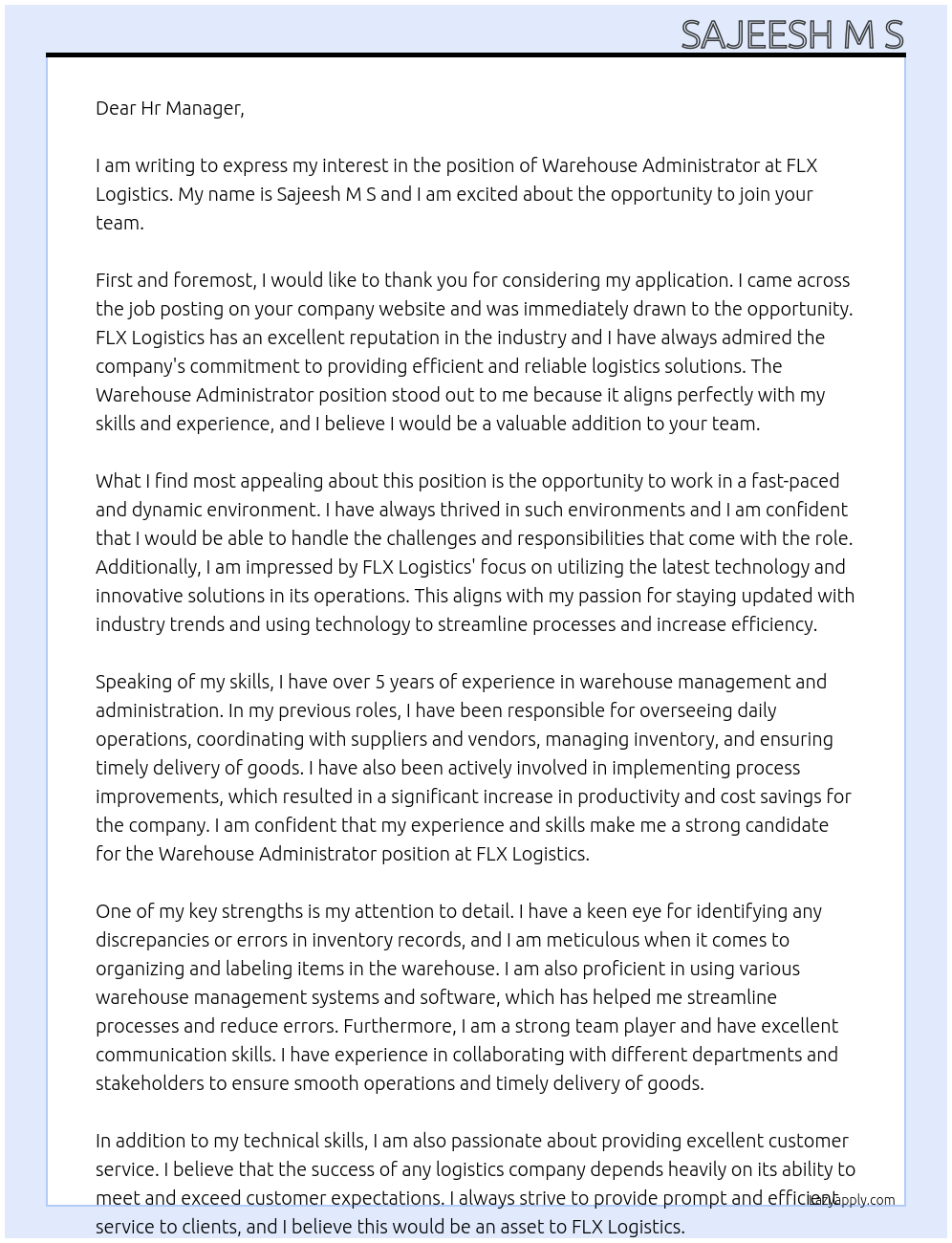 Warehouse Administrator At FLX Logistics Cover Letter