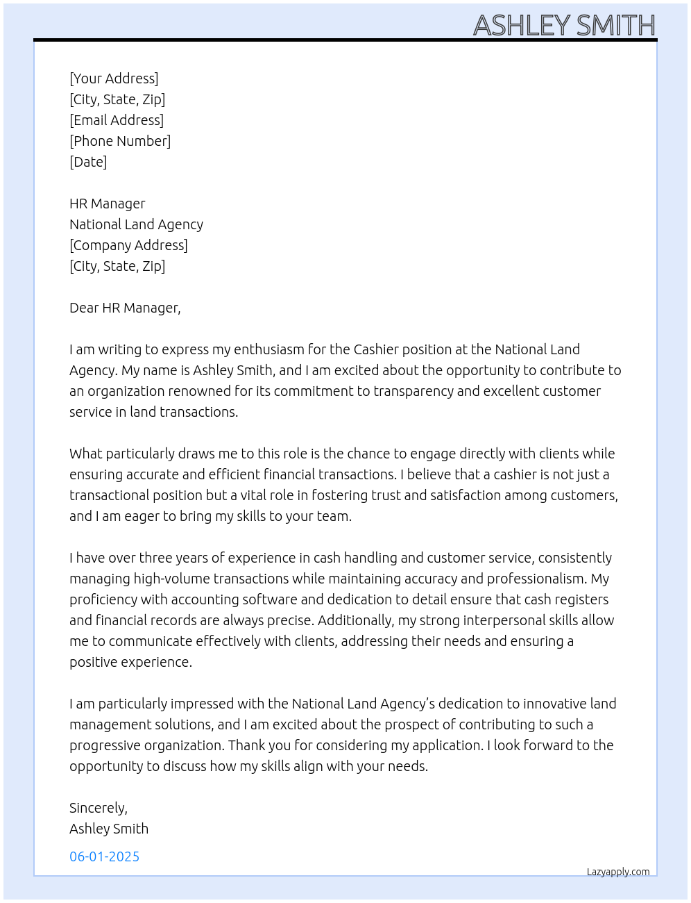 Cashier At National Land Agency Cover Letter