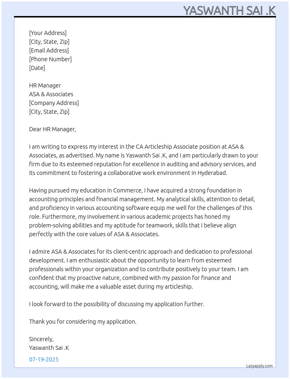 CA Articleship At ASA & Associates Cover Letter