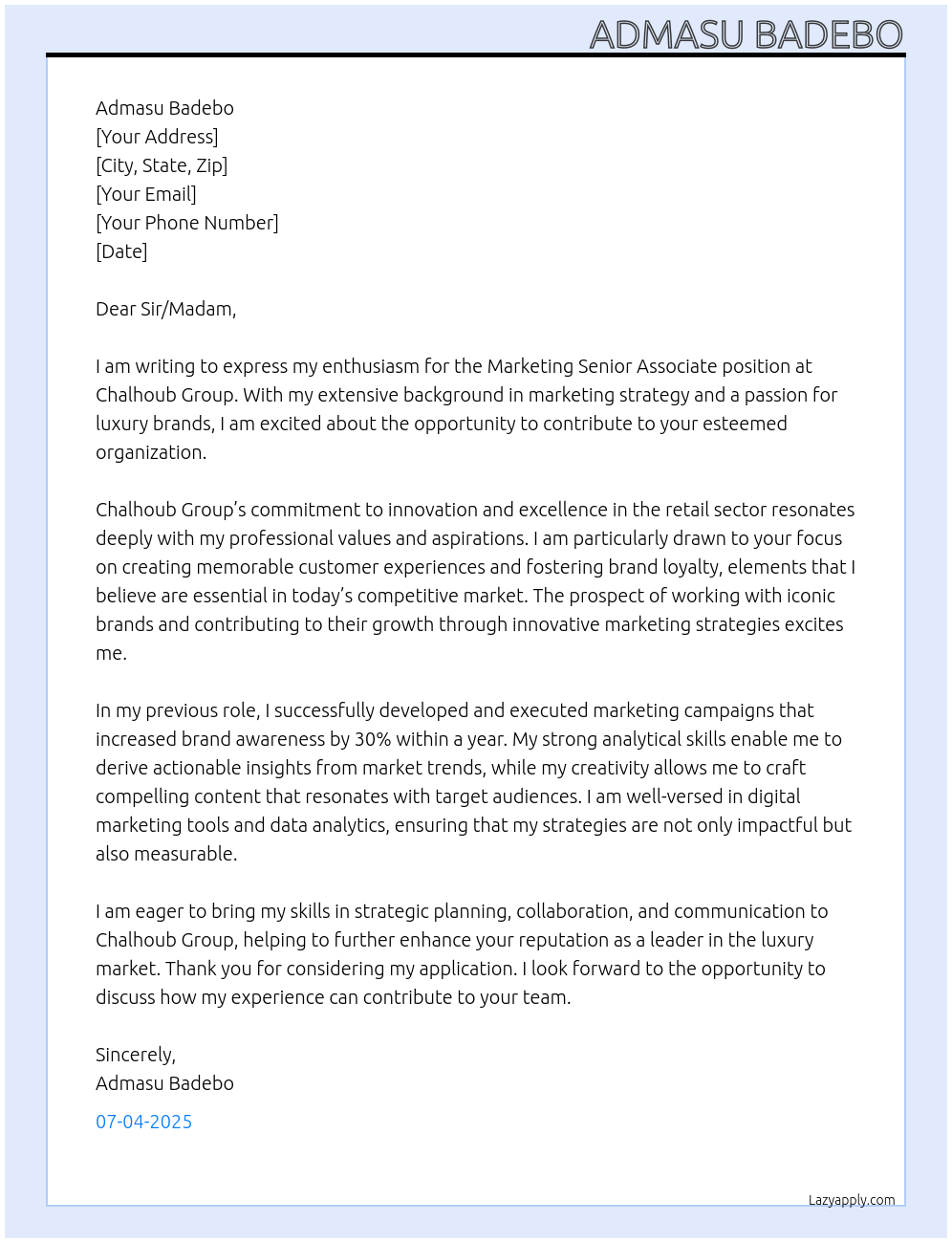 Marketing Senior Associate At Chalhoub Group Cover Letter