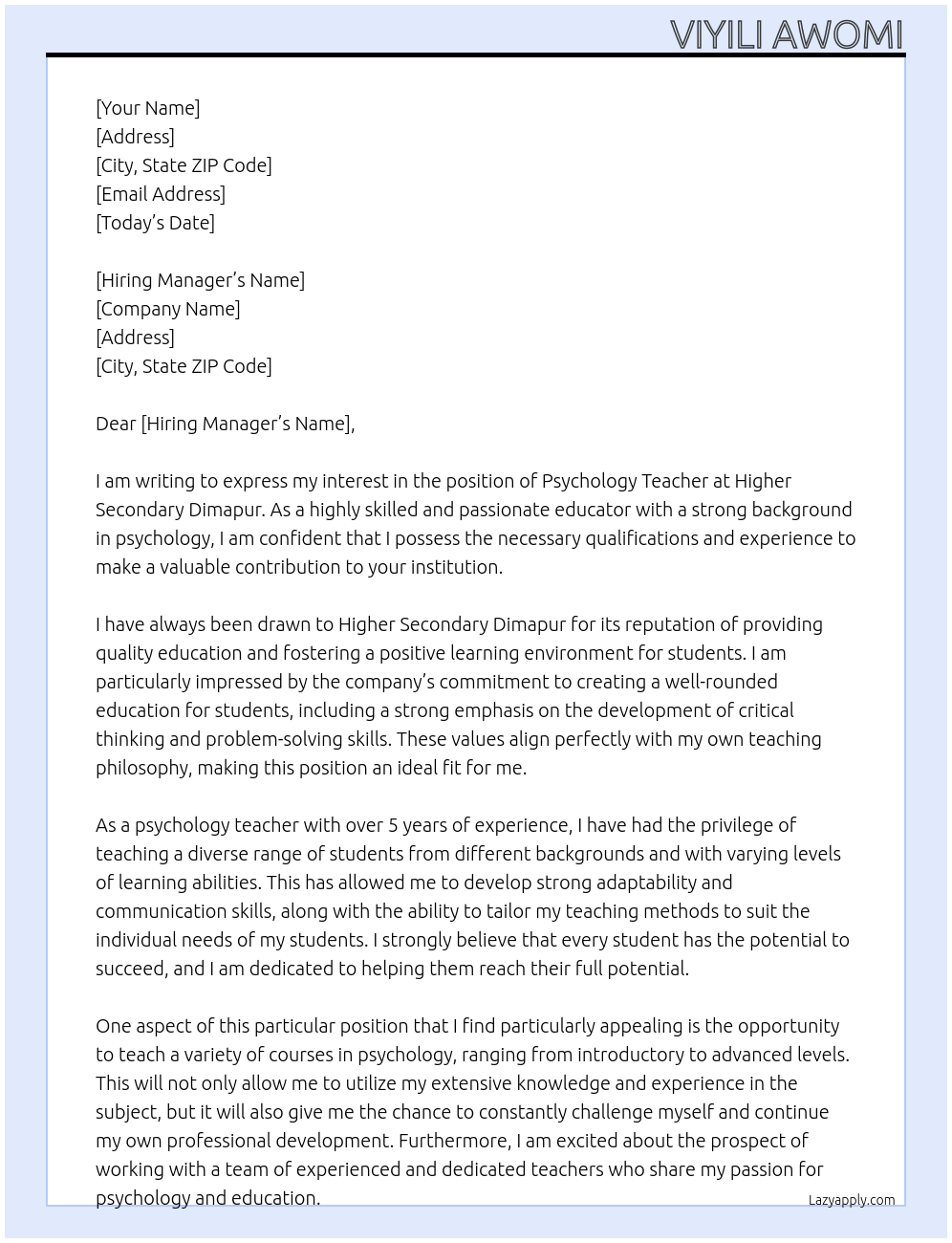 psychology teacher At higher secondary dimapur Cover Letter