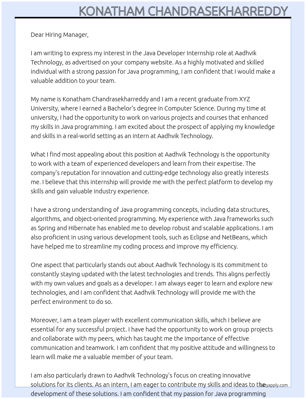 Java developer At Aadhvik technology Cover Letter