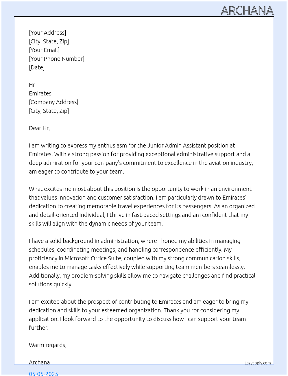 Cover letter for junior admin assistant - LazyApply