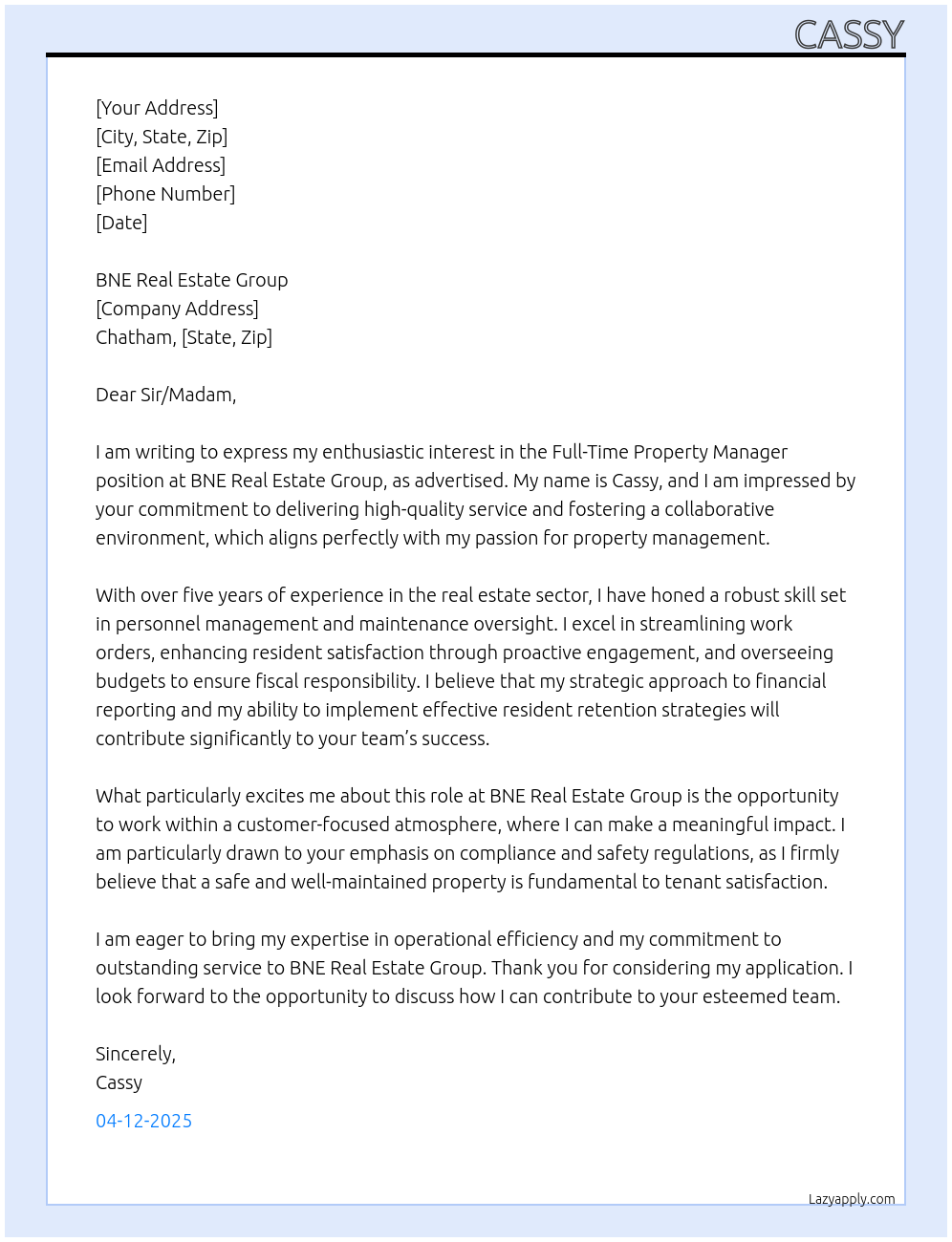 Property Manager At BNE real Estate Group Cover Letter