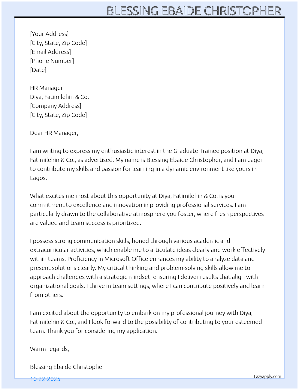 Graduate trainee  At Diya, Fatimilehin & Co. Cover Letter