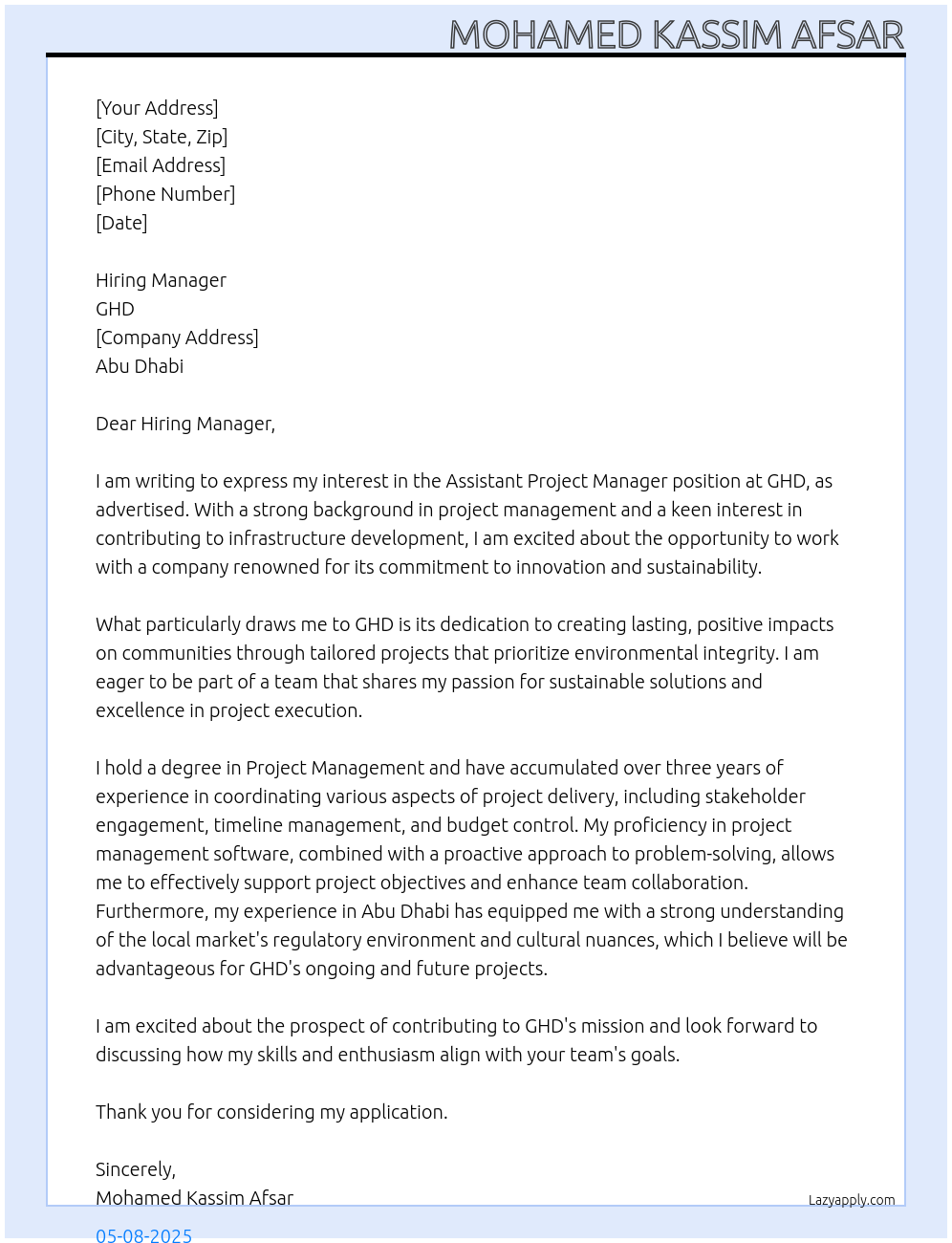 Assistant Project Manager At GHD Cover Letter