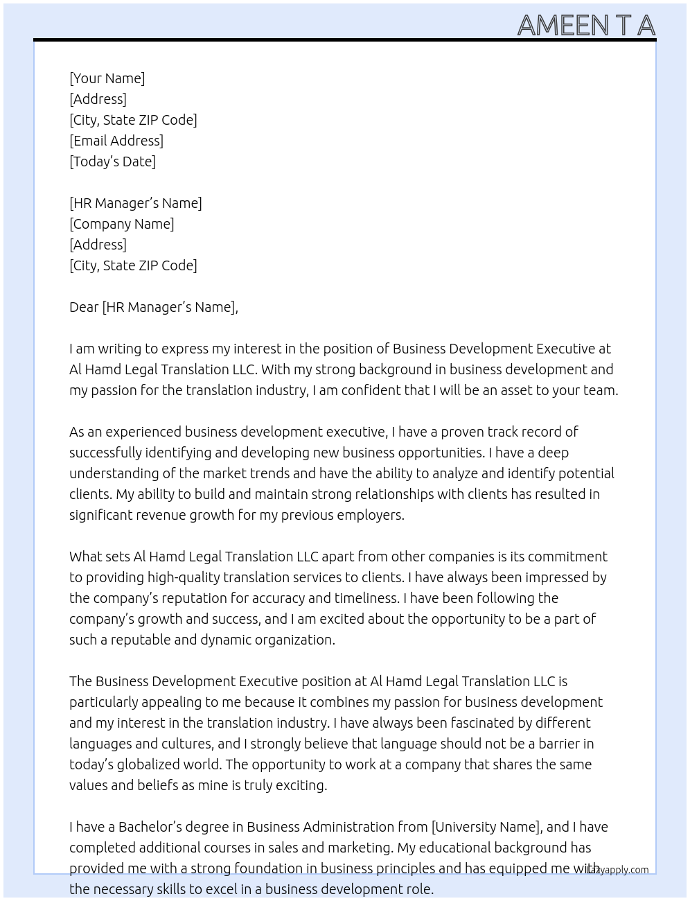 Business development executive At Al hamd legeltranslation llc Cover Letter