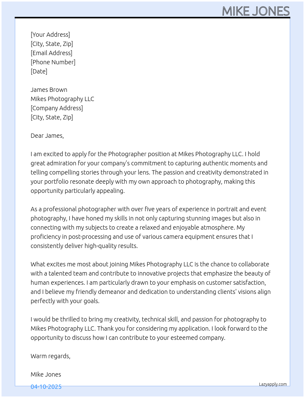 photographer At Mikes Photography LLC Cover Letter