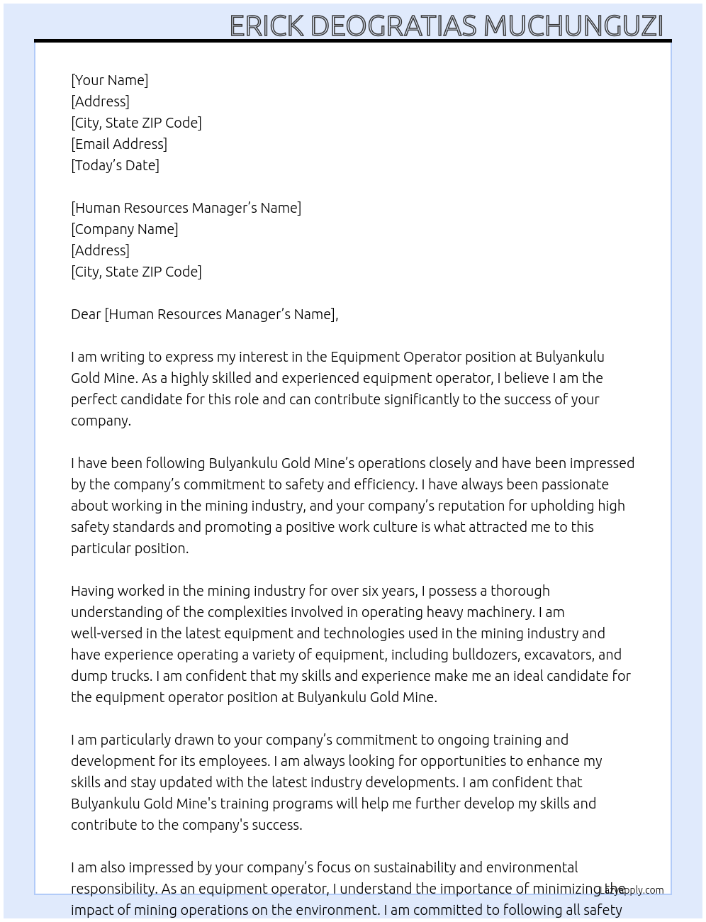 Equipment operator At Bulyankulu gold mine Cover Letter