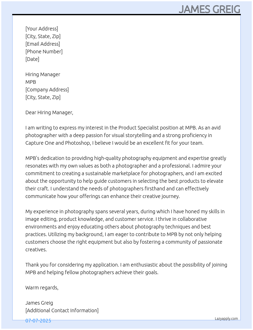 Cover letter for product specialist - LazyApply