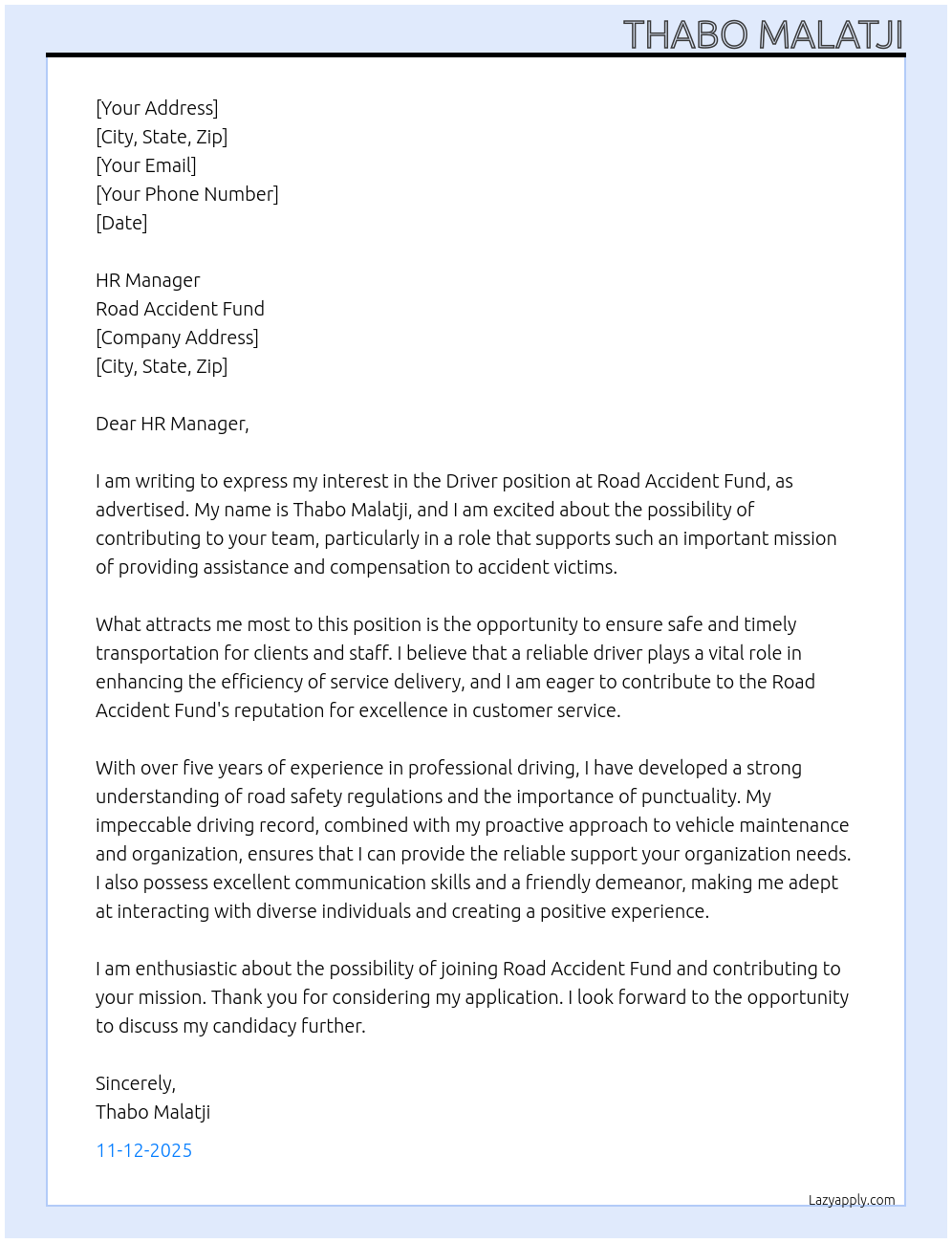 Driver At Road Accident Fund Cover Letter
