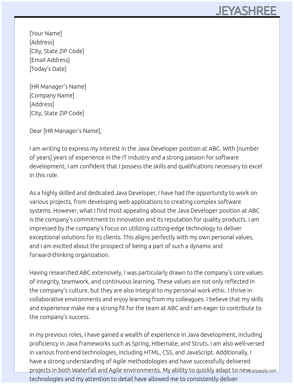 Java developer At ABC Cover Letter