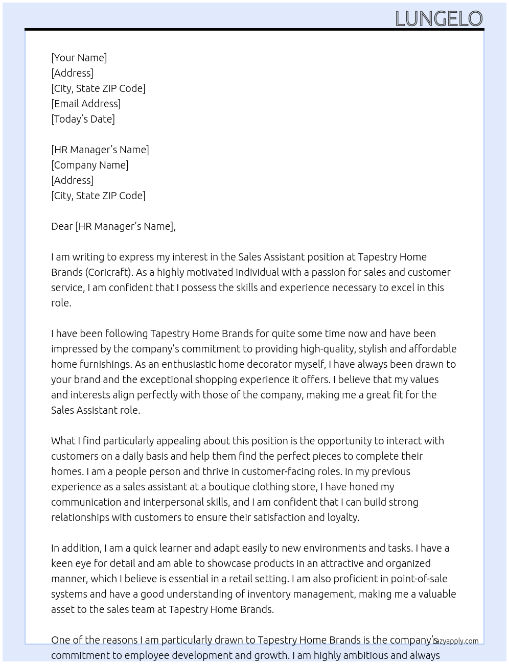 Sales assistant At Tapestry Home Brands (Coricraft) Cover Letter