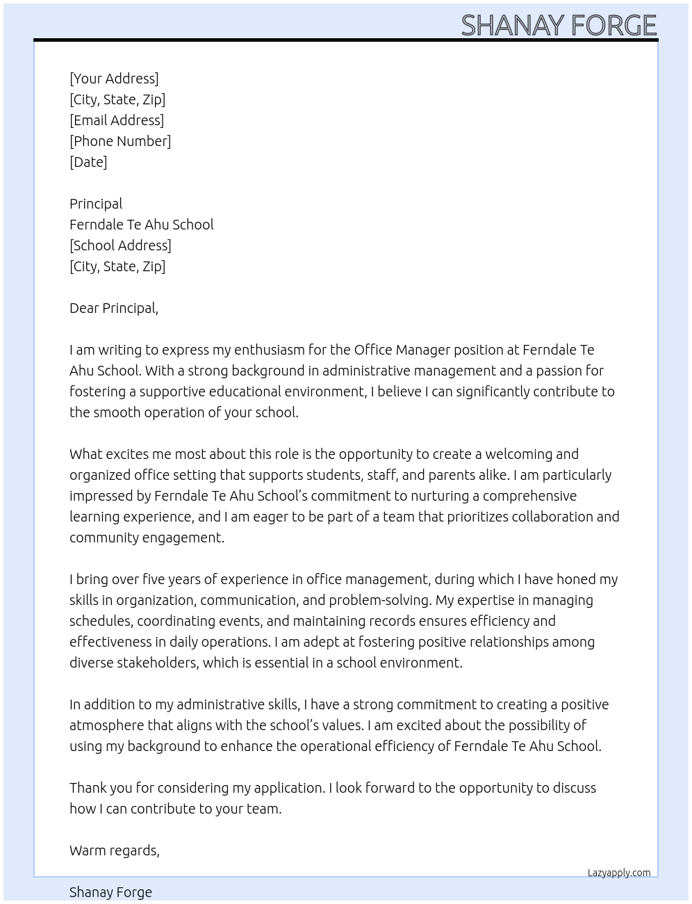 Office Manager At Ferndale Te Ahu Shcool Cover Letter