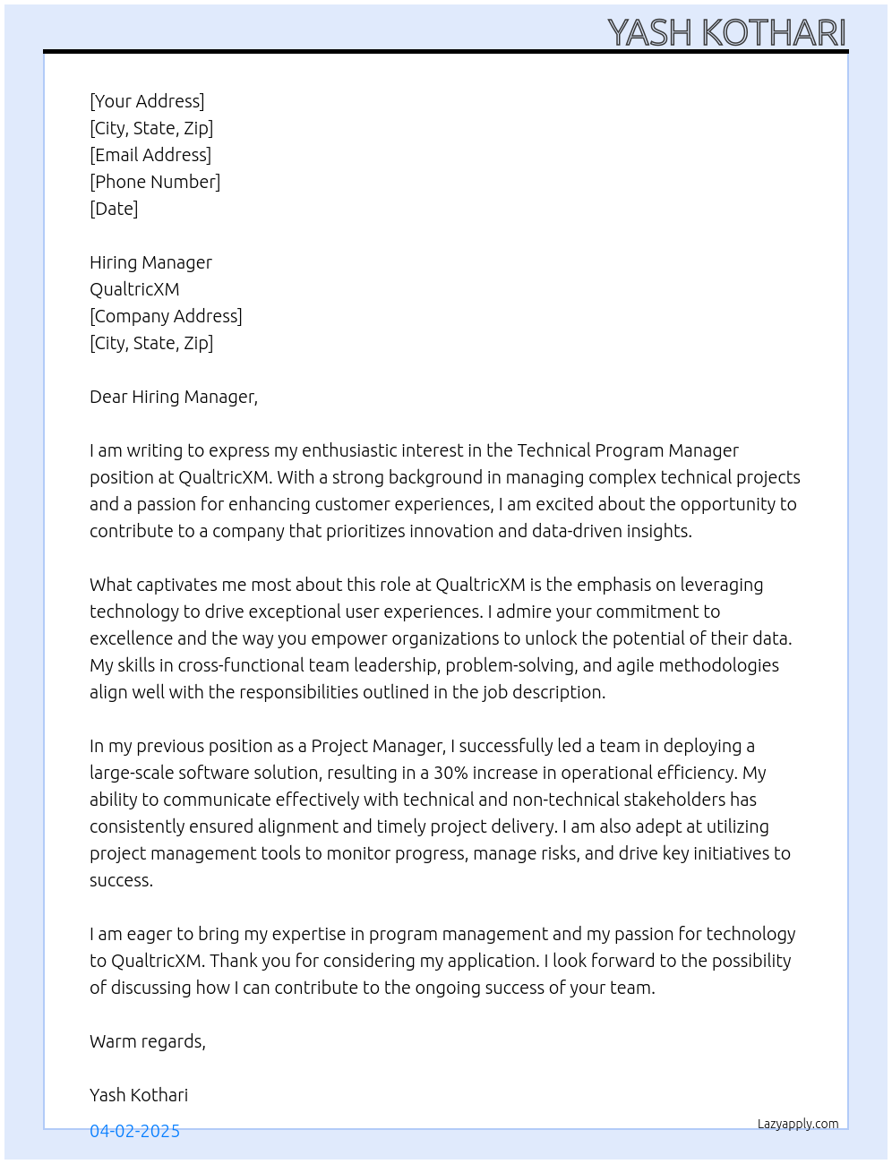 Cover letter for technical program manager - LazyApply