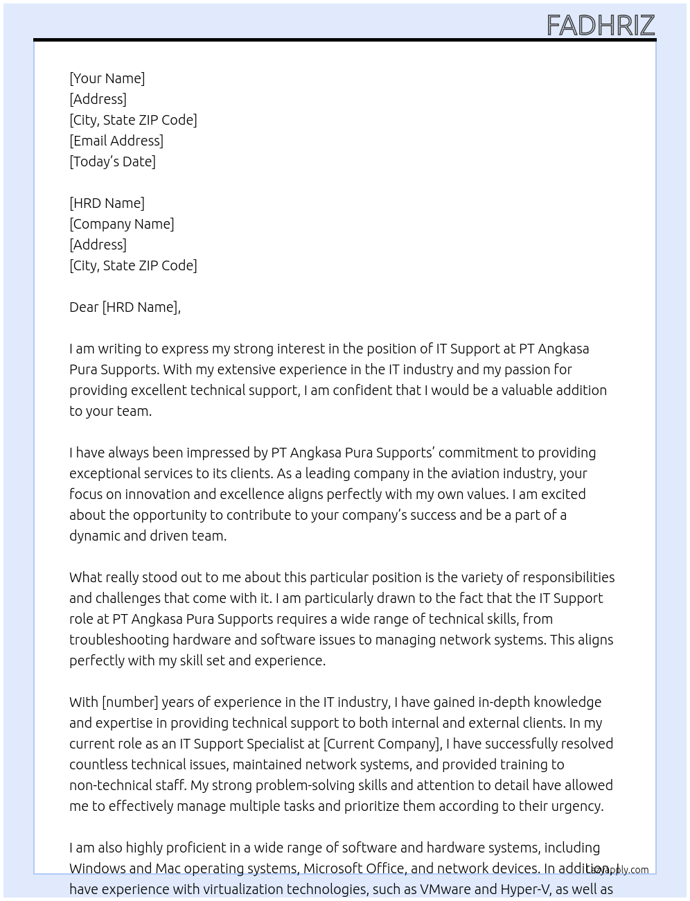 IT Support At PT Angkasa Pura Supports Cover Letter