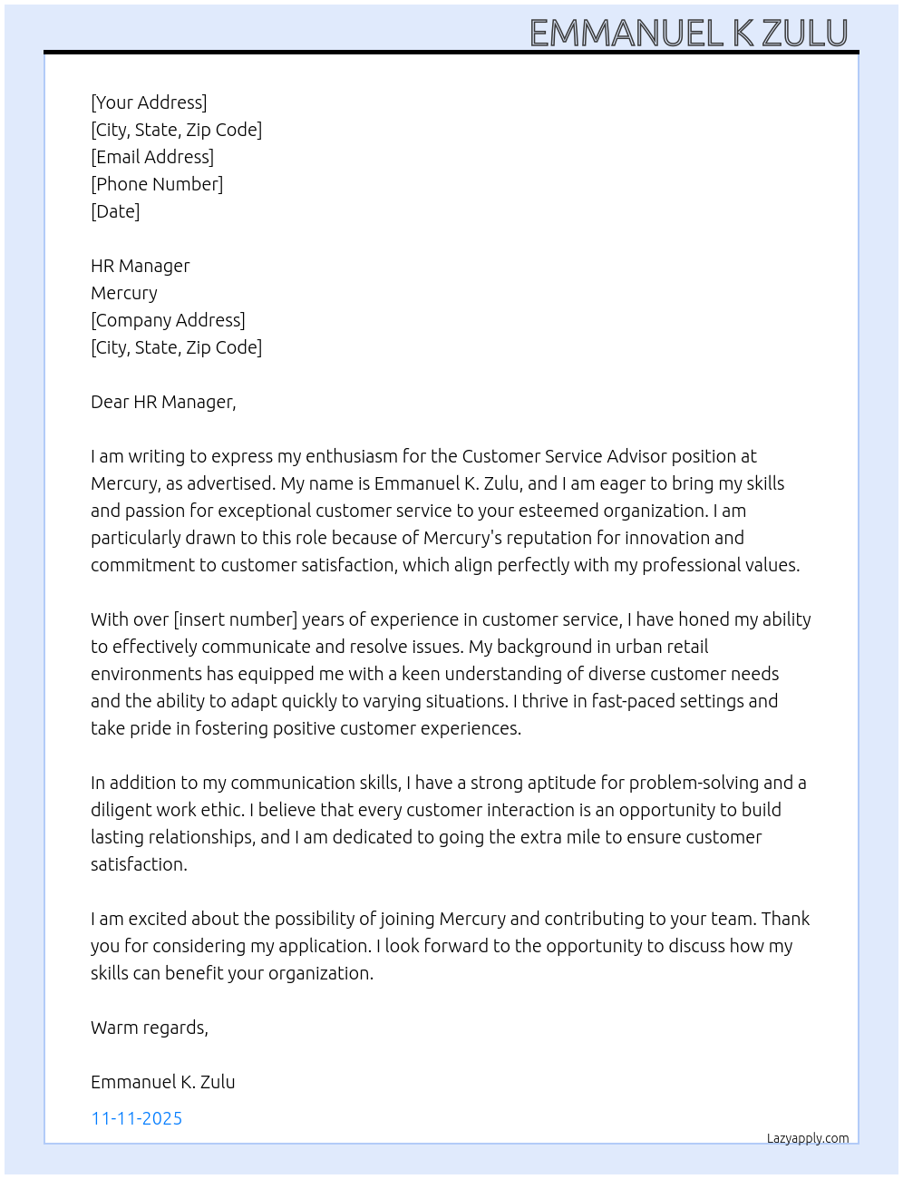 Cover letter for customer service advisor - LazyApply