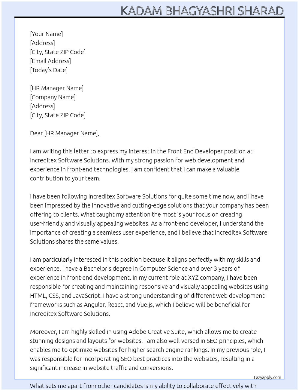 Front end developer At Increditex software Solutions Cover Letter