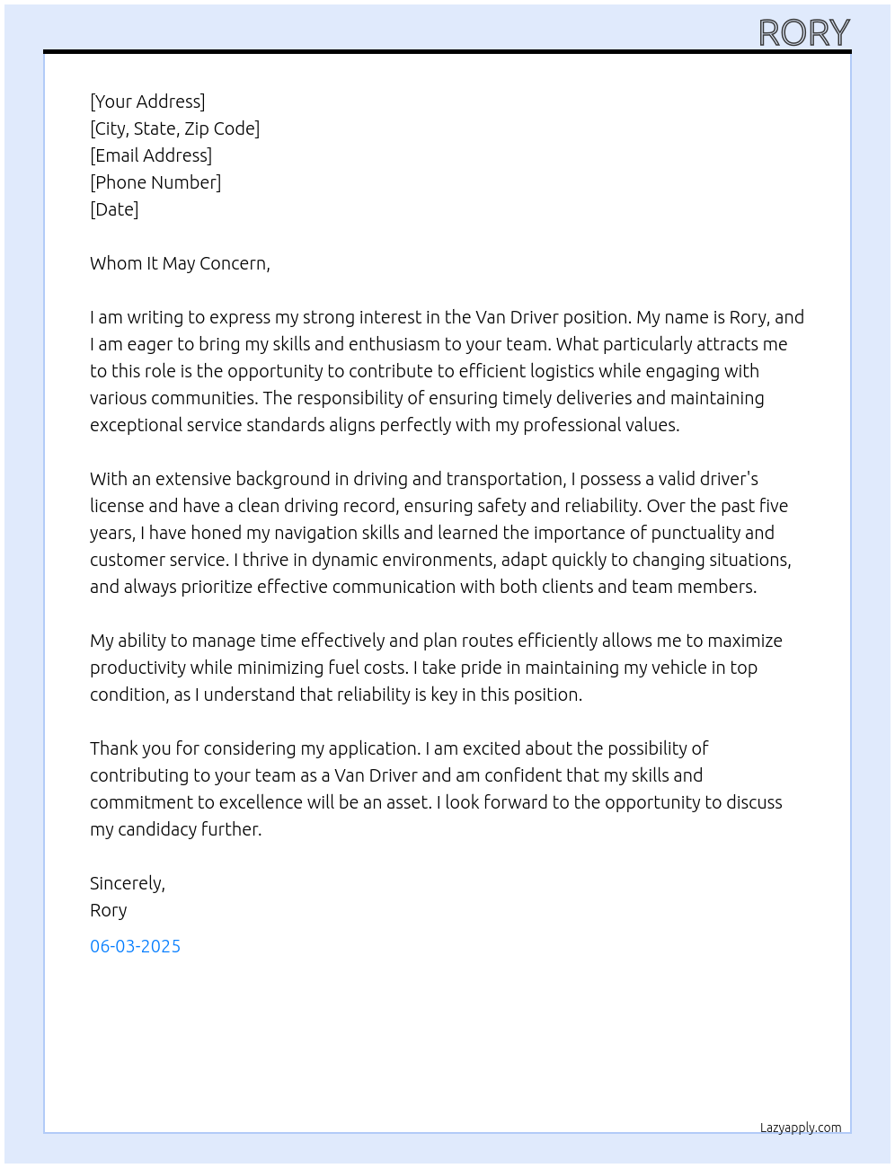 VAN DRIVER At na Cover Letter