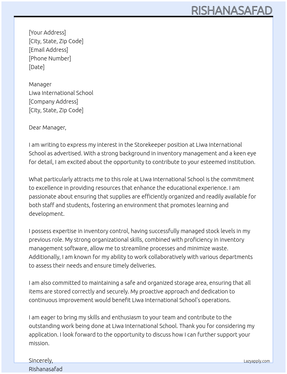 Storekeeper  At Liwa international school career Cover Letter