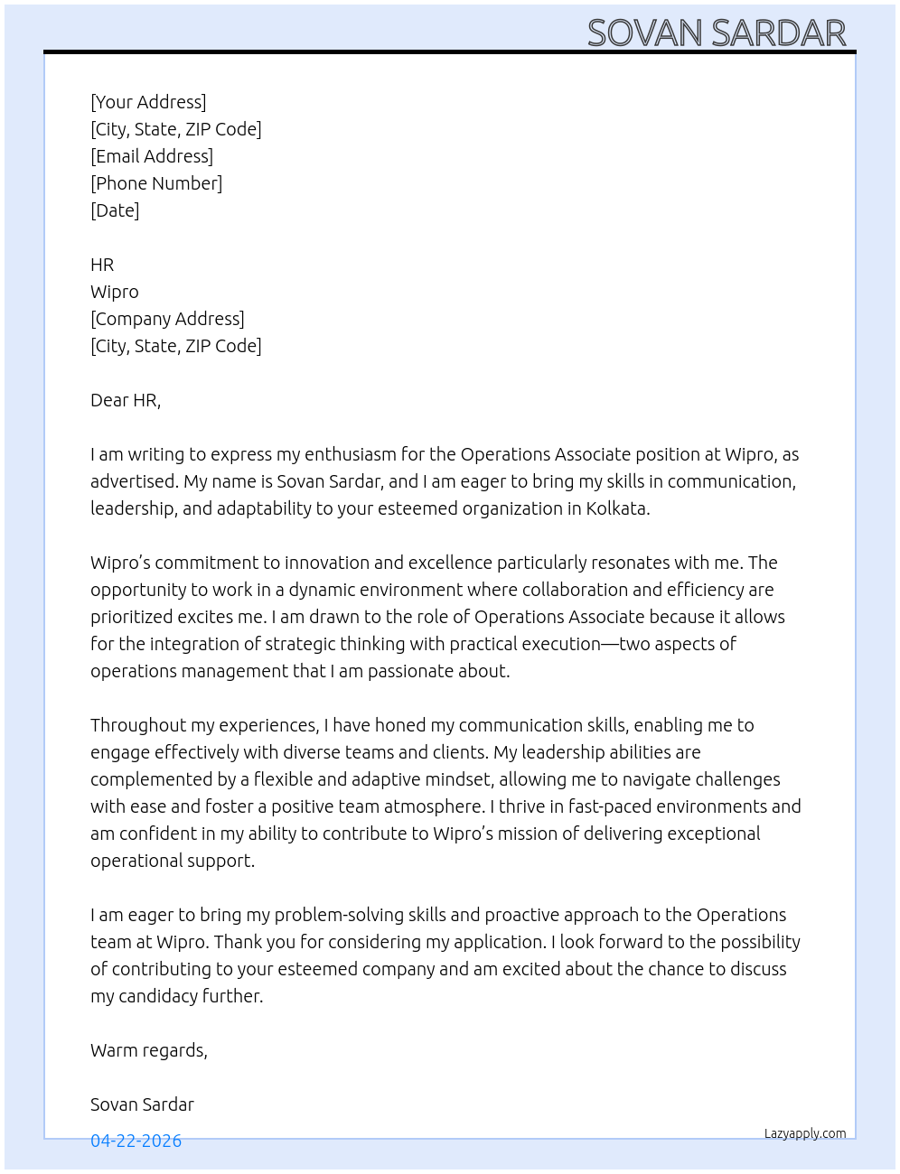 Operations associate At Wipro Cover Letter