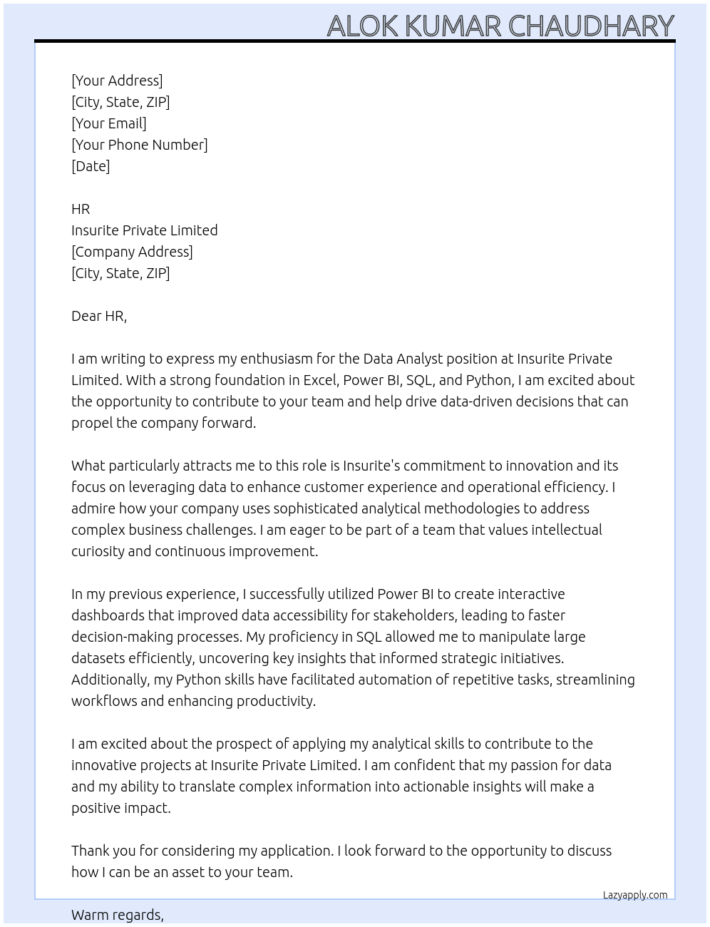 data analyst At Insurite Private Limited Cover Letter