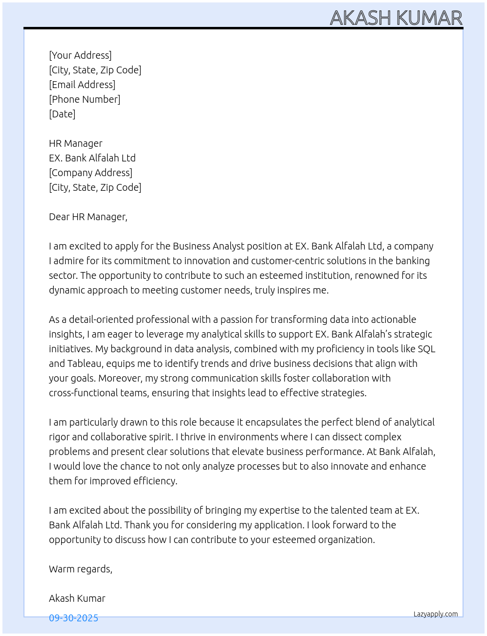 business analyst At EX. BANK ALFALAH LTD Cover Letter