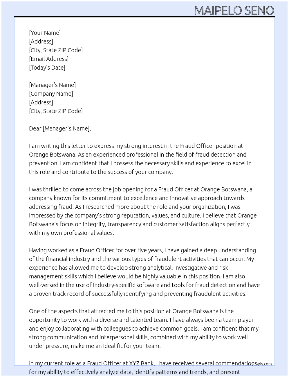 Fraud Officer  At Orange Botswana  Cover Letter