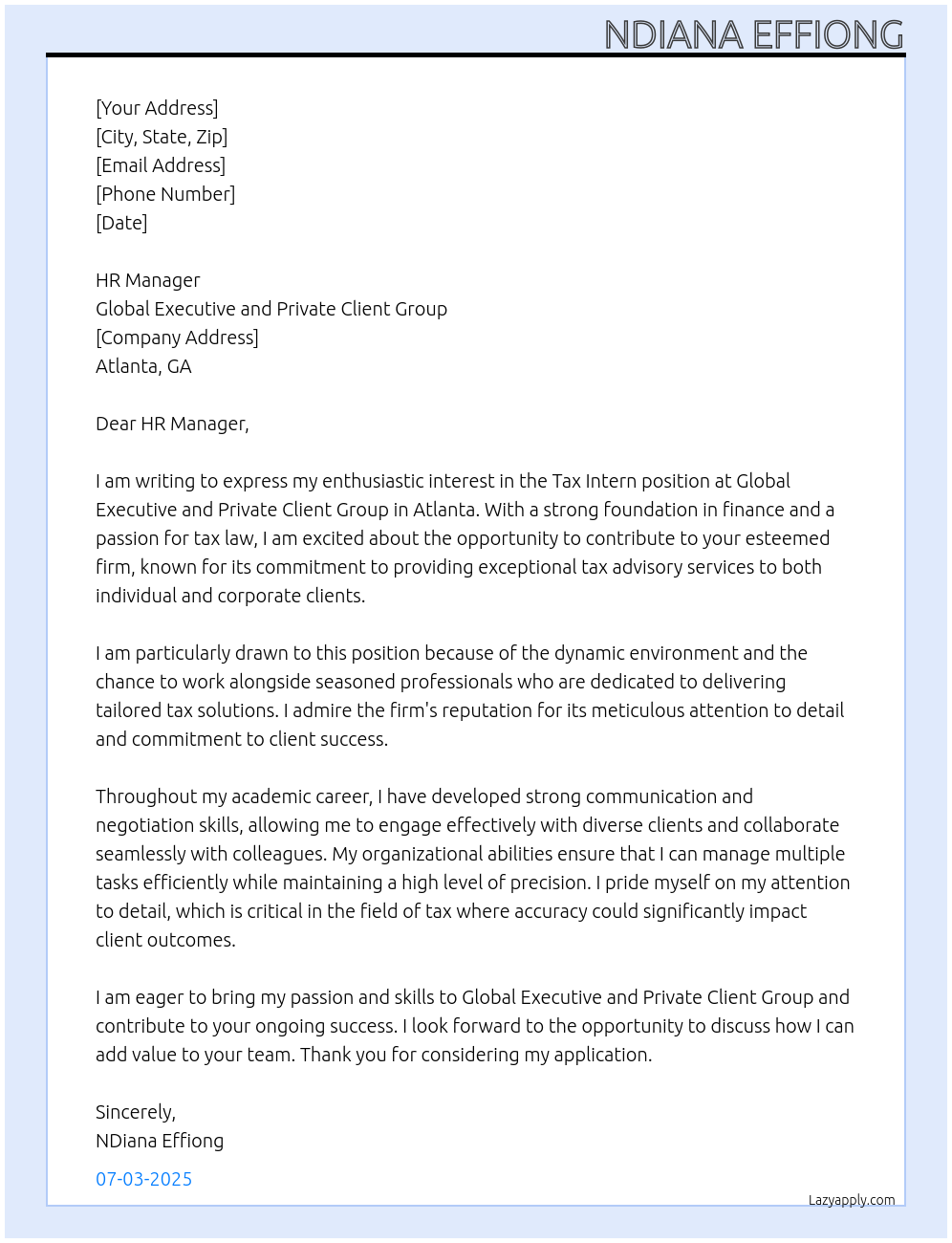 tax intern At Global executive and private client group, Atlanta Cover Letter