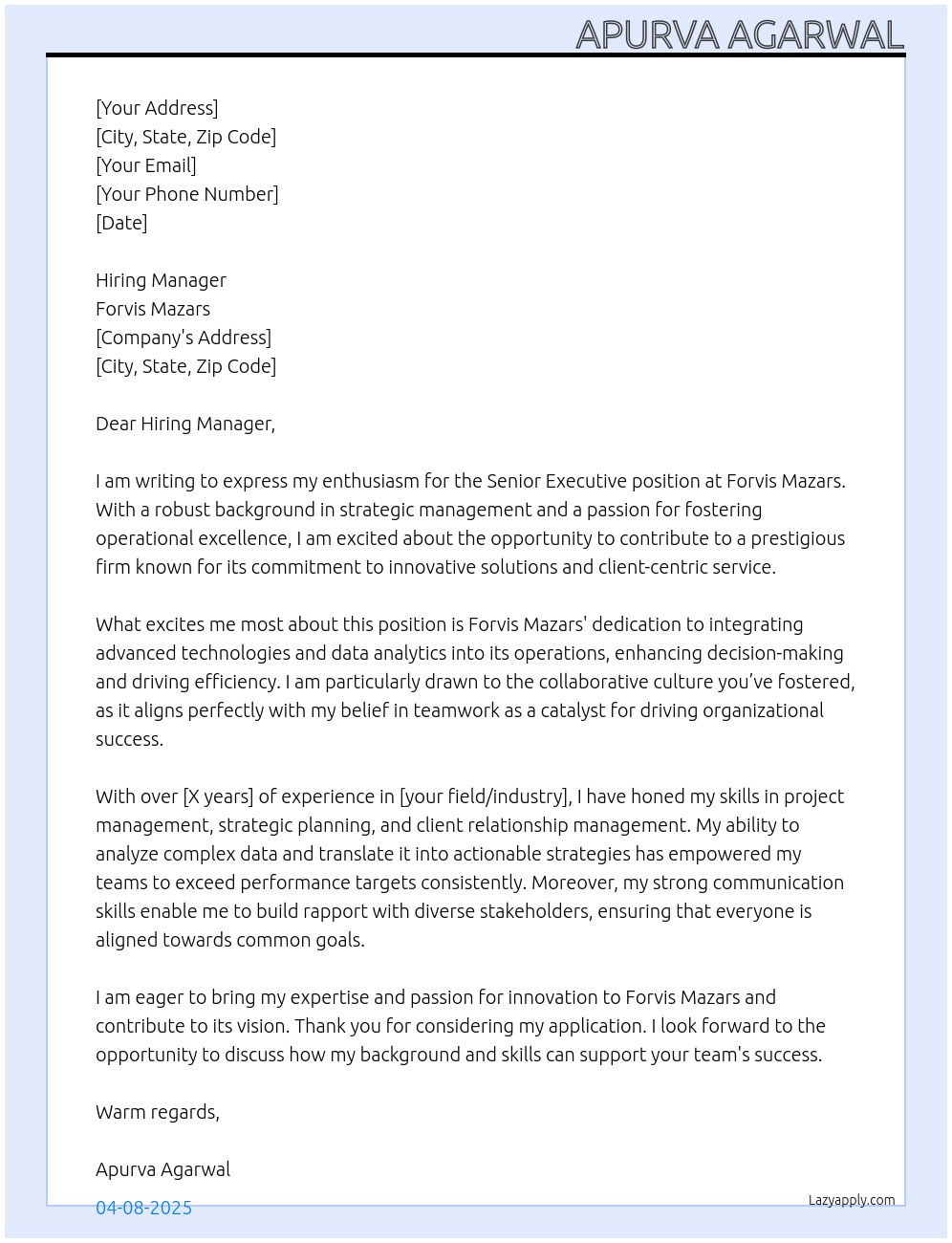 Senior executive At Forvis Mazars Cover Letter