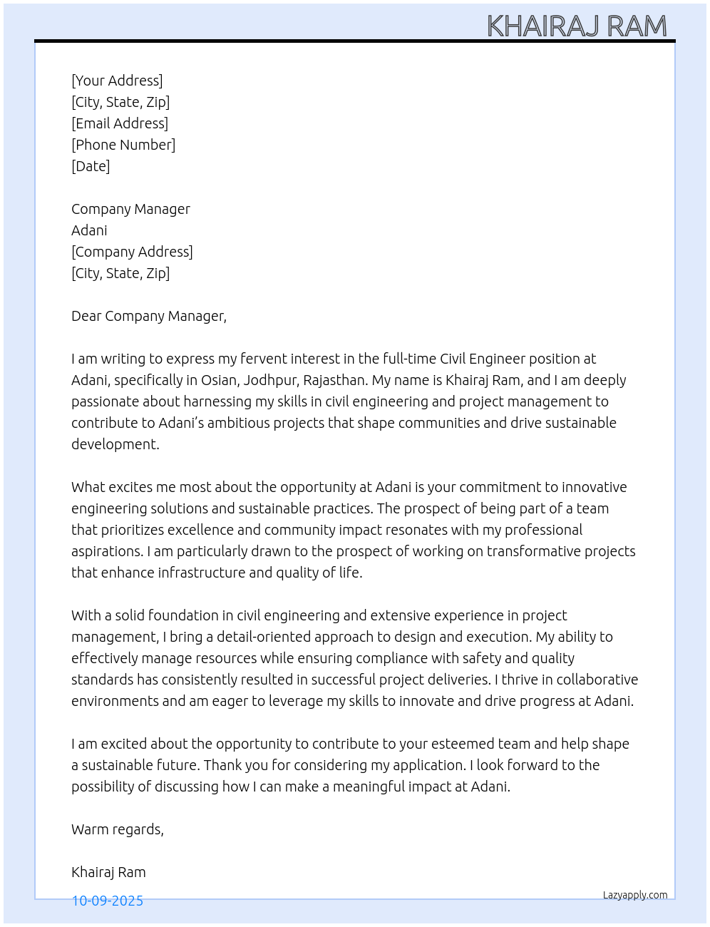 CIVIL ENGINEER At Adani Cover Letter