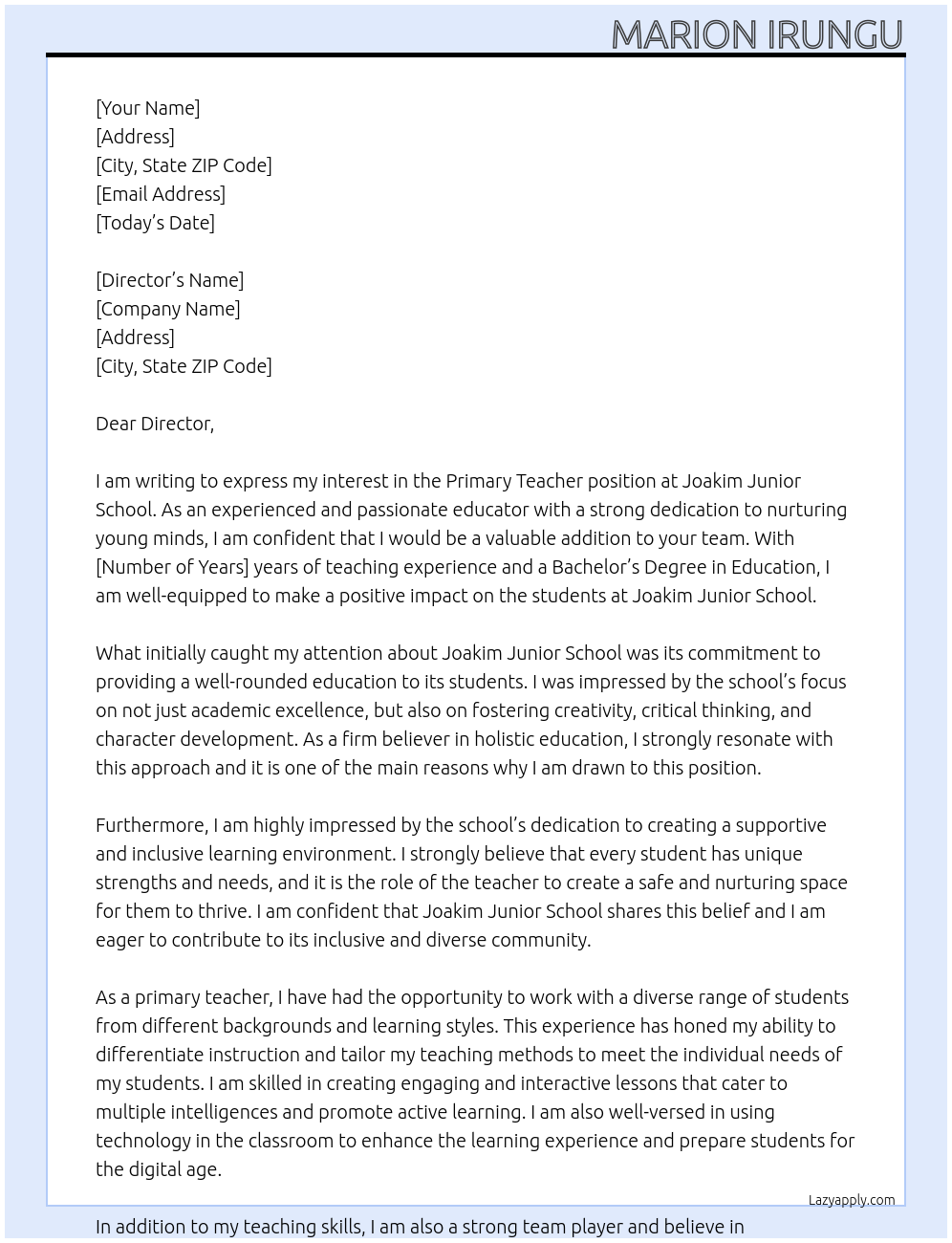 primary teacher At Joakim Junior school Cover Letter