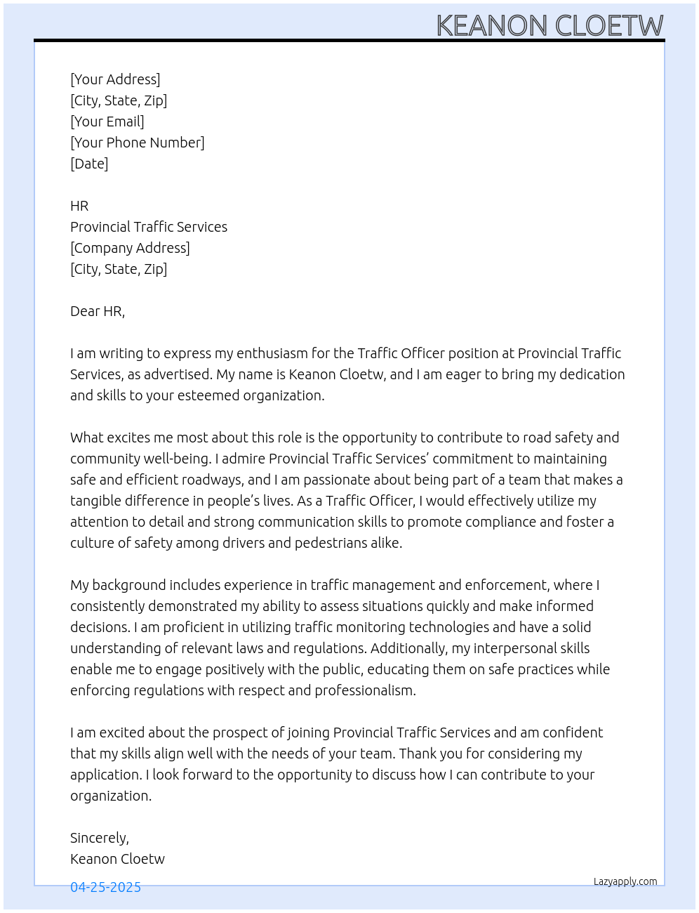 Traffic Officer  At Provincial Traffic Services  Cover Letter